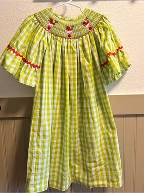 True Boutique Lime Green Gingham Smocked Girls Dress with Reindeer Accent